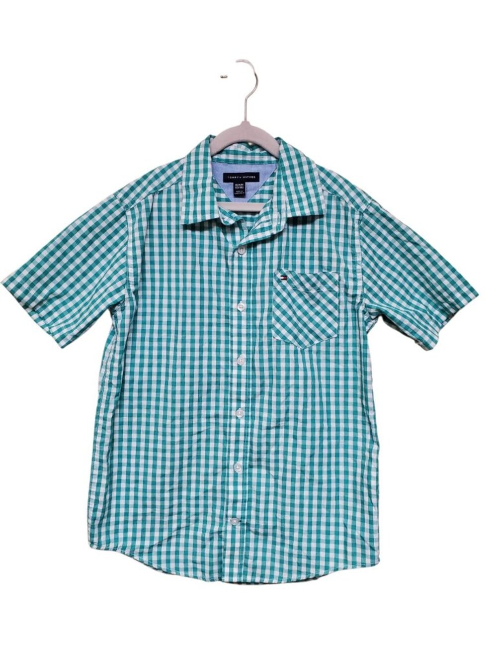 Tommy Hilfiger Kid's Turquoise White Gingham Plaid Short Button Up Shirt Boy's M